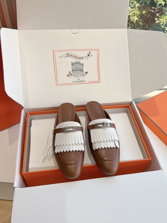 Hermes Genuine Leather Non-slip Loafer Mules with Soft Insole