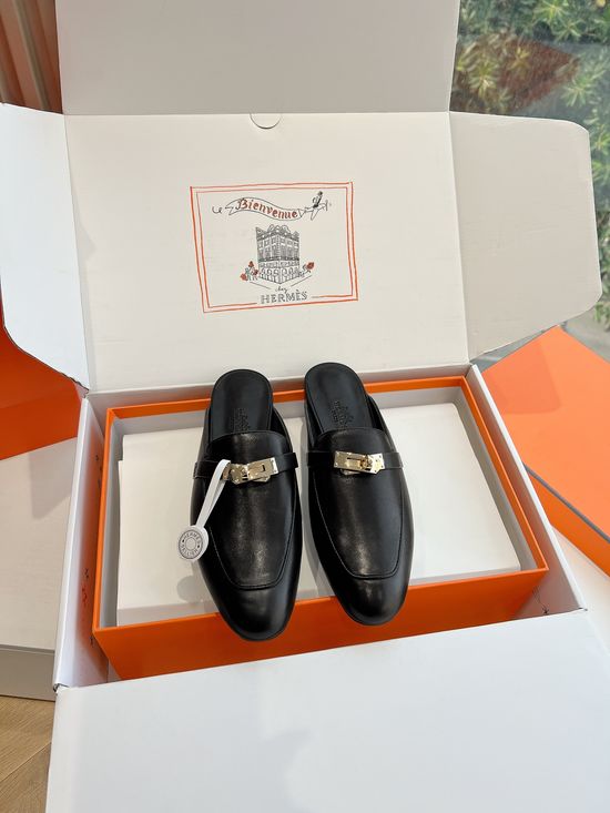 Hermes Genuine Leather Non-slip Loafer Mules with Soft Insole