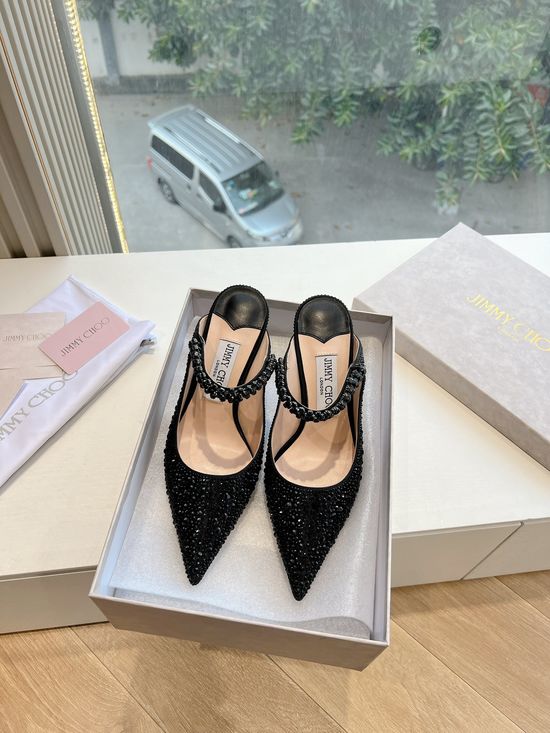 Jimmy Choo Rhinestone Decor Pointed Toe Chunky Heel Elegant Pumps