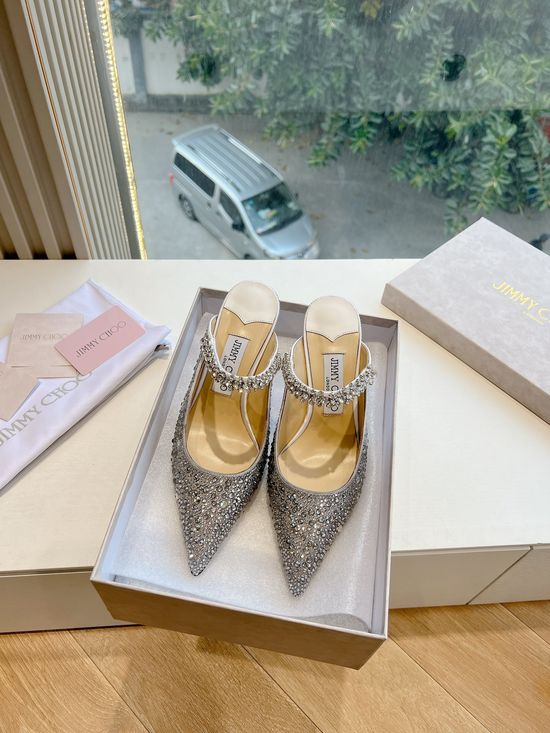 Jimmy Choo Rhinestone Decor Pointed Toe Chunky Heel Elegant Pumps