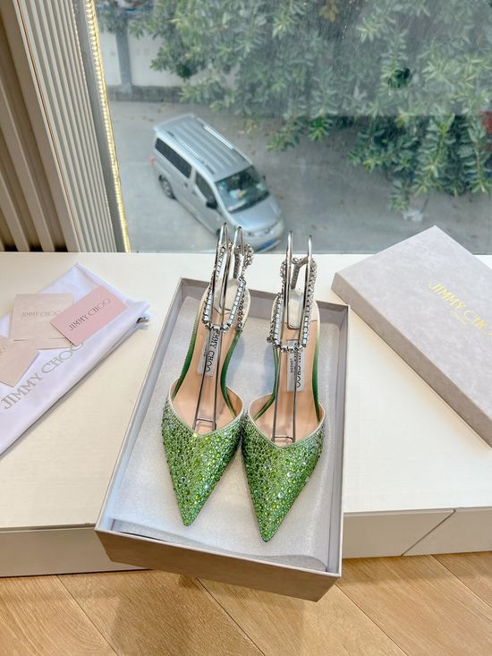 Jimmy Choo Rhinestone Decor Pointed Toe Chunky Heel Elegant Pumps