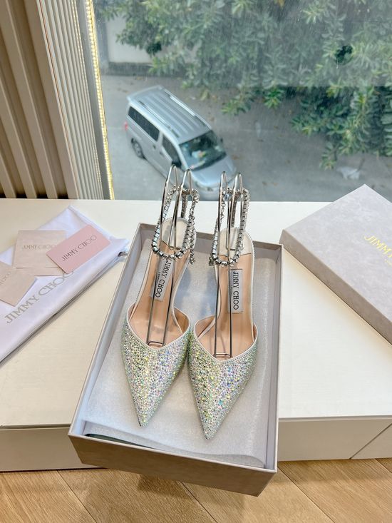 Jimmy Choo Rhinestone Decor Pointed Toe Chunky Heel Elegant Pumps