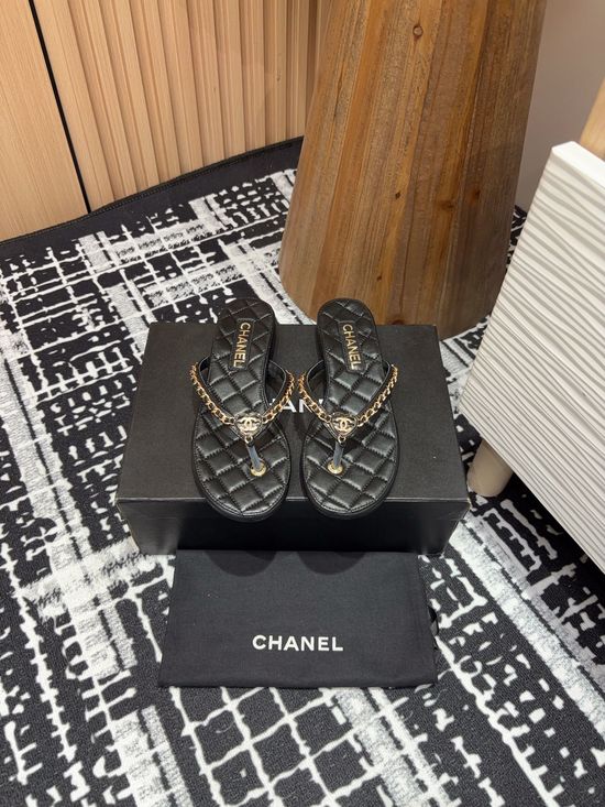 Chanel Lambskin Flip Flops with Chain Accent Leather Sole