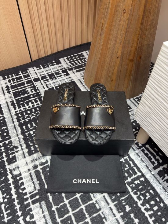 Chanel Lambskin Slide Sandals with Chain Accent Leather Sole