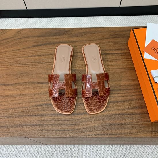 Hermes Flat Slide Sandals Crocodile Embossed Leather Upper