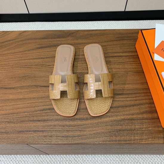 Hermes Flat Slide Sandals Crocodile Embossed Leather Upper