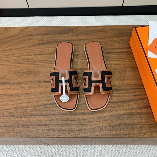 Hermes Flat Slide Sandals Denim Leather Upper