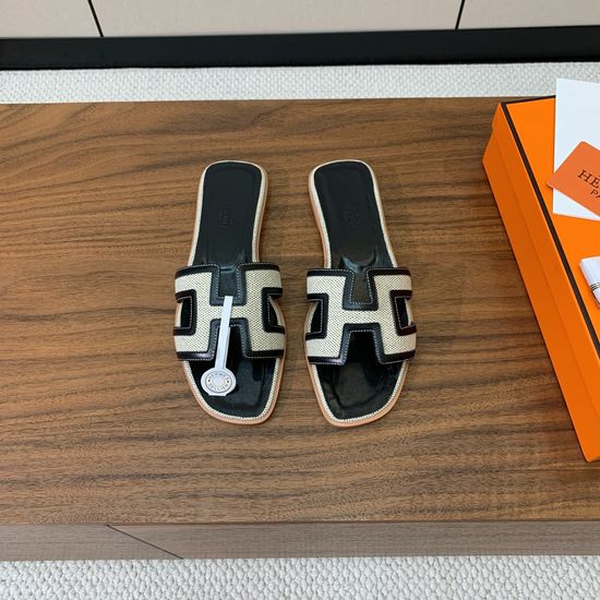 Hermes Flat Slide Sandals Denim Leather Upper