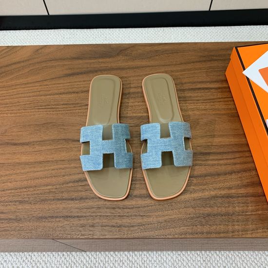 Hermes Flat Slide Sandals Metallic Denim Upper