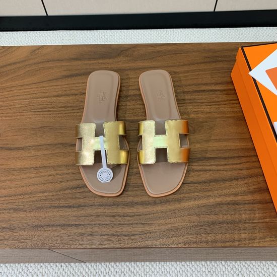 Hermes Flat Slide Sandals Metallic Denim Upper