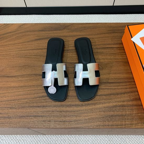 Hermes Flat Slide Sandals Metallic Denim Upper