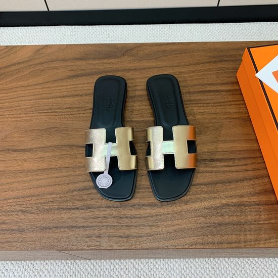 Hermes Flat Slide Sandals Metallic Denim Upper