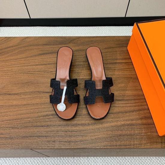 Hermes Mid Heel Slide Sandals Denim Leather Upper