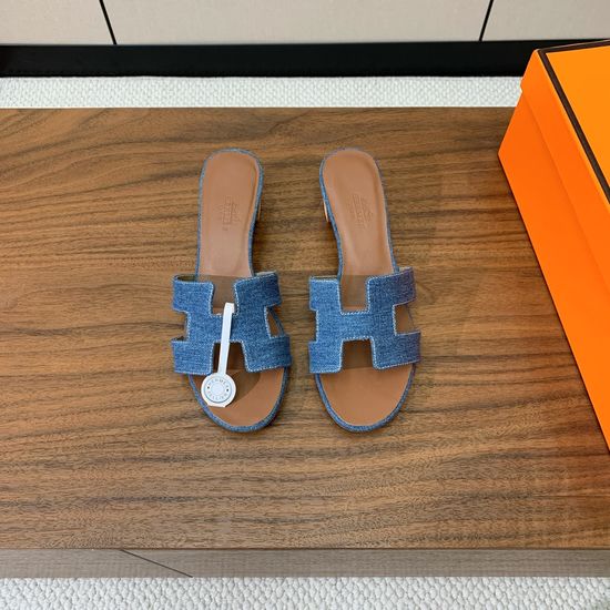 Hermes Mid Heel Slide Sandals Denim Leather Upper