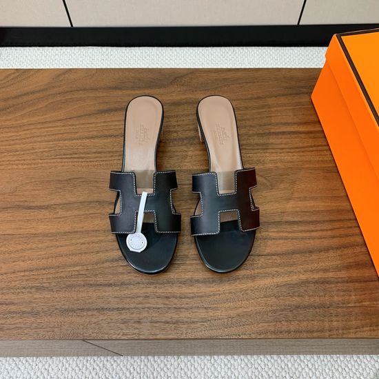 Hermes Mid Heel Slide Sandals Denim Leather Upper