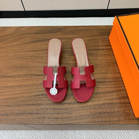 Hermes Mid Heel Slide Sandals Palm Print Leather Upper Cushioned Sheepskin Insole