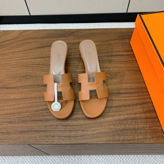 Hermes Mid Heel Slide Sandals Palm Print Leather Upper Cushioned Sheepskin Insole