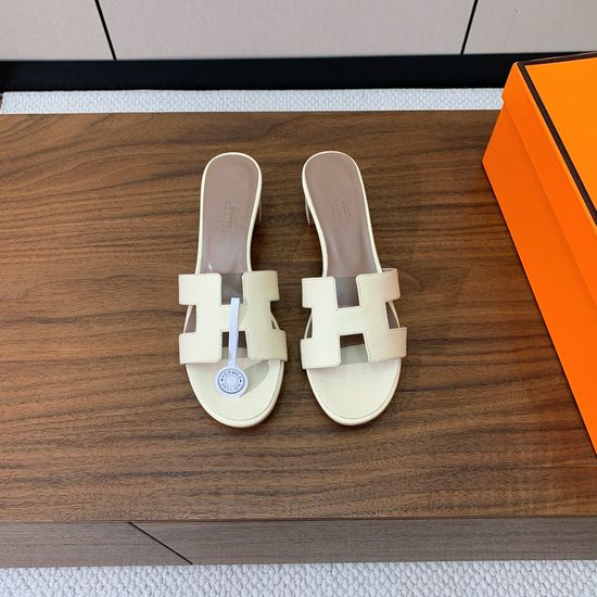 Hermes Mid Heel Slide Sandals Palm Print Leather Upper Cushioned Sheepskin Insole