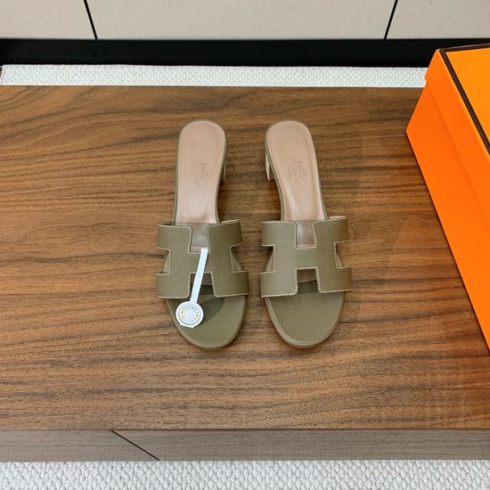 Hermes Mid Heel Slide Sandals Palm Print Leather Upper Cushioned Sheepskin Insole