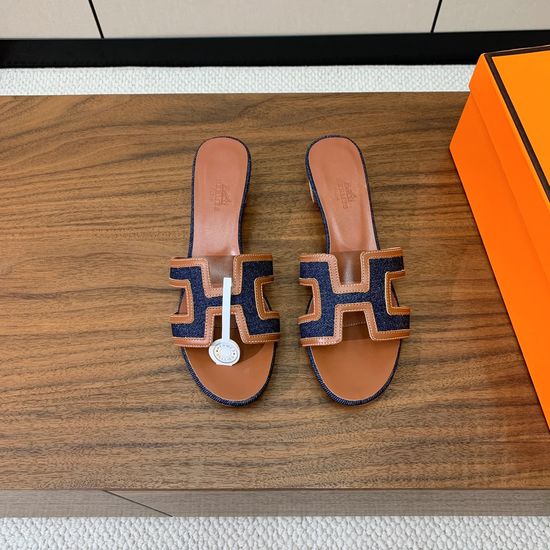 Hermes Mid Heel Slide Sandals Denim Leather Upper