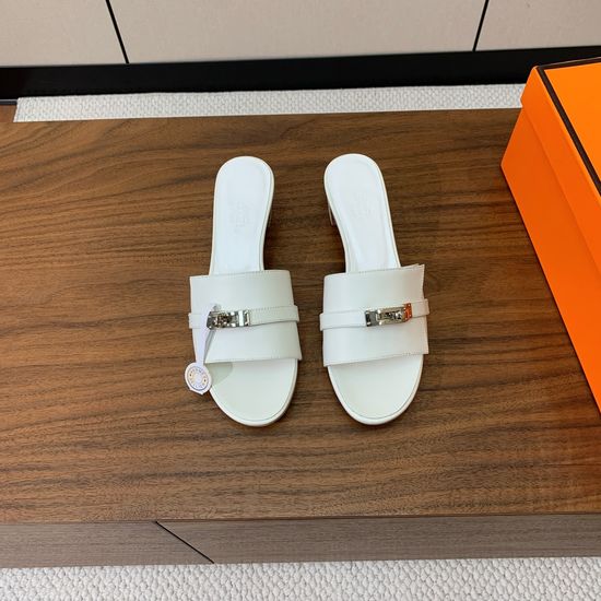 Hermes Mid Heel Buckle Slide Sandals Leather Upper