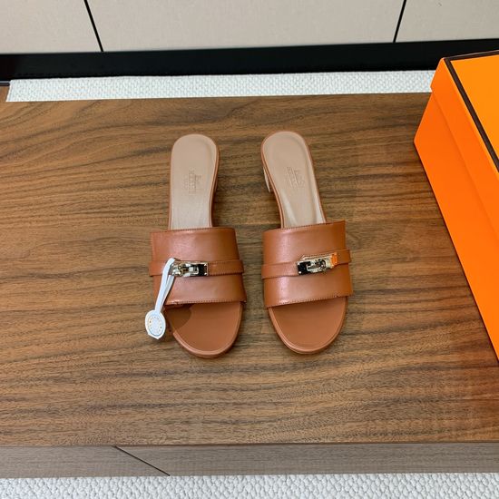 Hermes Mid Heel Buckle Slide Sandals Leather Upper