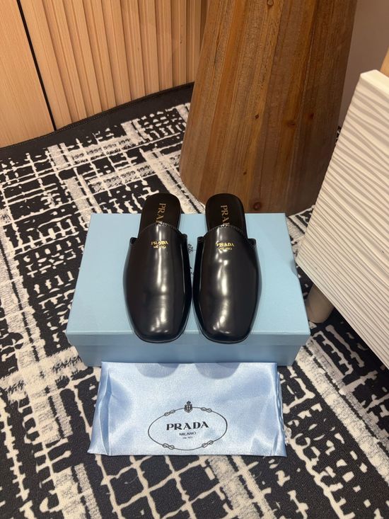 Prada Patent Leather Round Toe Mules with Rubber Sole