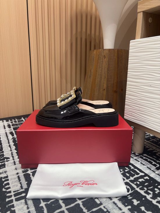 Roger Viver Patent Leather Mules with Crystal Buckle Comfort Sole