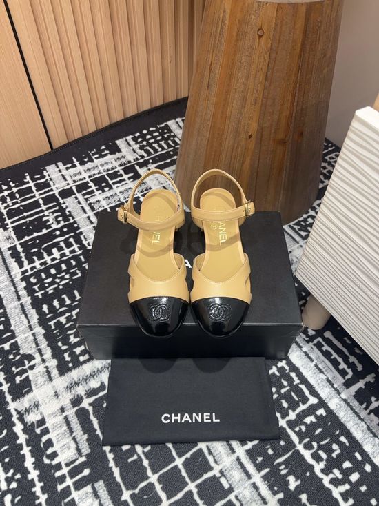 Chanel Embroidered Round Toe Block Heel Leather Sandals