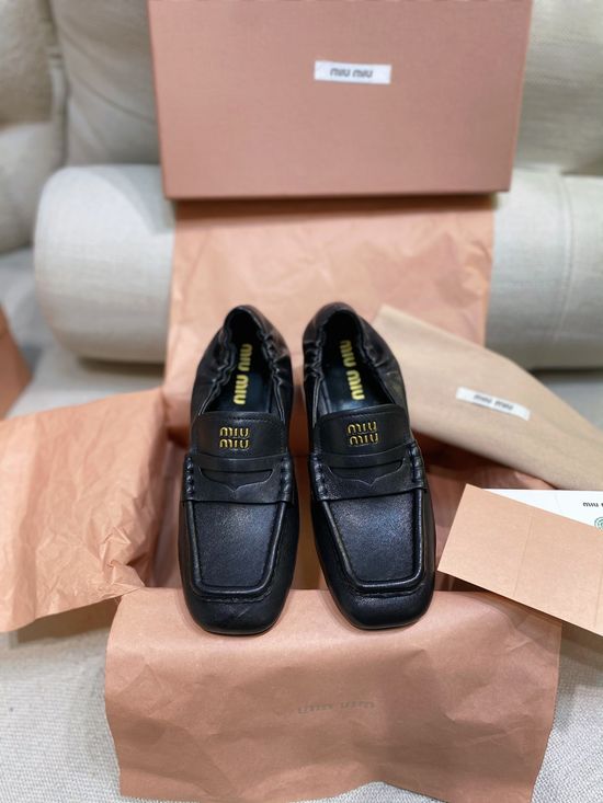 Miu Miu Genuine Leather Ruffled Mid Heel Loafers Non-slip Sole