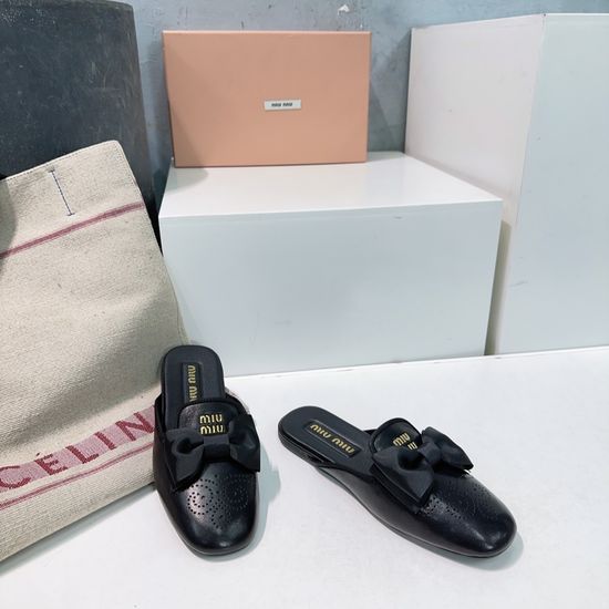 Miu Miu Bow Decor Perforated Leather Mule Loafers