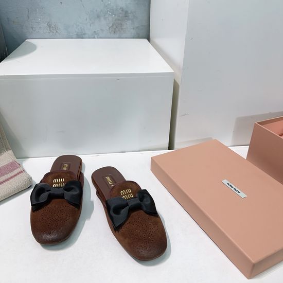 Miu Miu Bow Decor Perforated Leather Mule Loafers