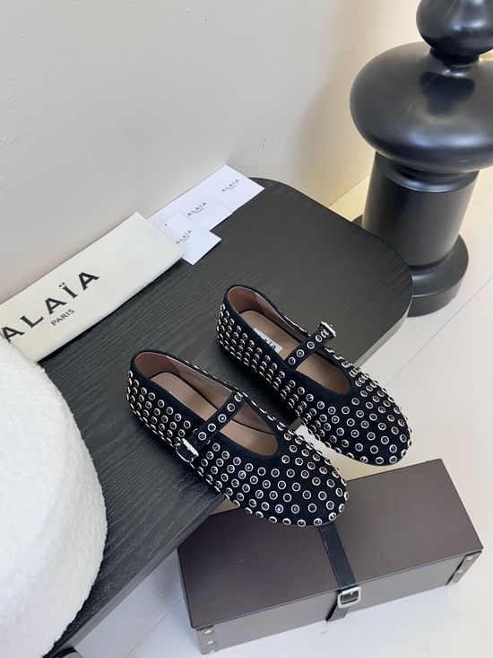 Alaia Suede Rhinestone Upper Leather Lined Ballet Flats