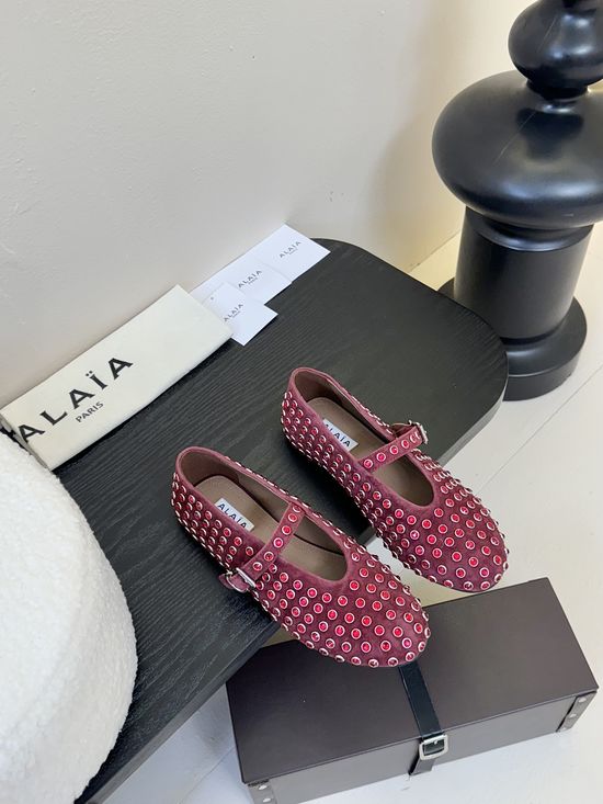 Alaia Suede Rhinestone Upper Leather Lined Ballet Flats