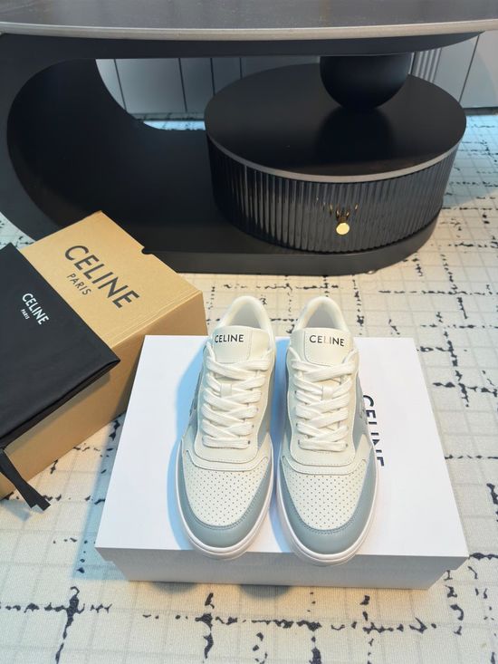 Celine Cowhide Leather Lace-up Thick Sole Casual White Sneakers