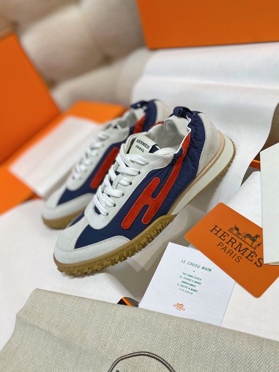 Hermes Woven Suede Sneakers Contrast Details Rubber Sole