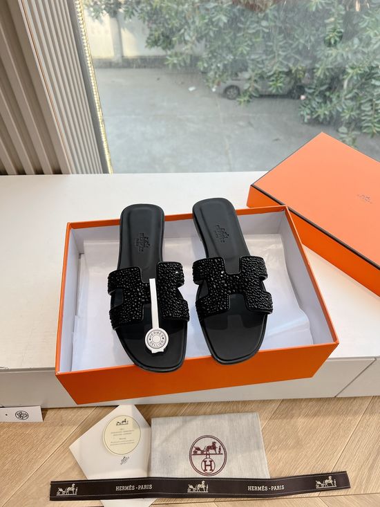 Hermes Rhinestone Upper Flat Slide Sandals with Metal Buckle