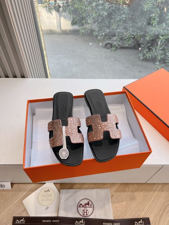 Hermes Rhinestone Upper Flat Slide Sandals with Metal Buckle