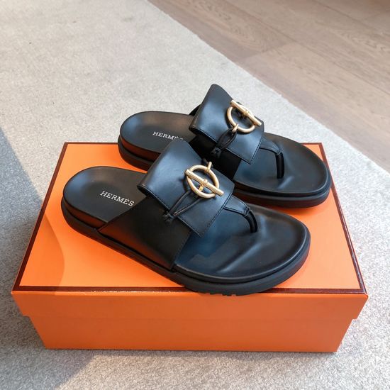 Hermes Colorblock Leather Slippers With Metal Buckle Sole