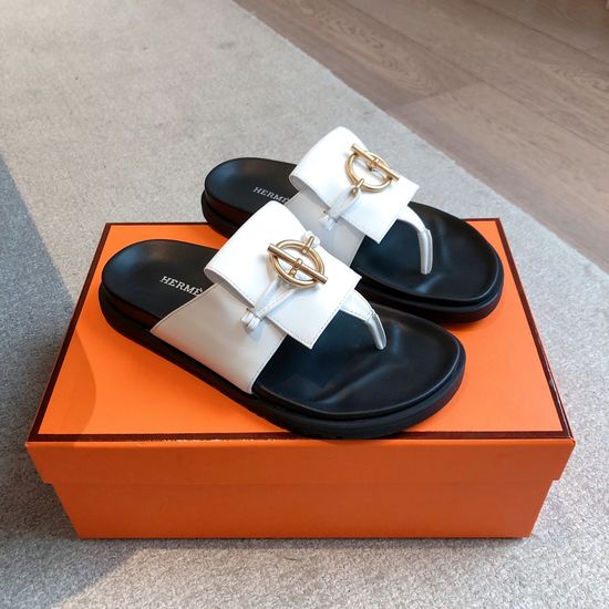 Hermes Colorblock Leather Slippers With Metal Buckle Sole