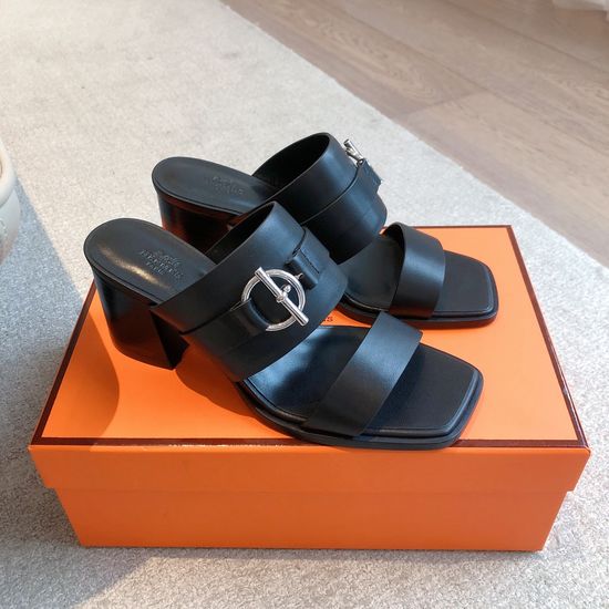 Hermes Low Heel Colorblock Leather Slippers Metal Buckle