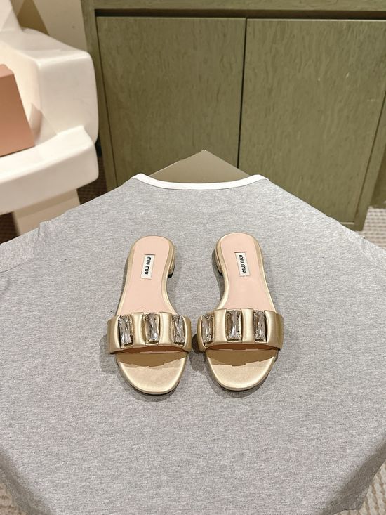 Miu Miu Rhinestone Embroidered Genuine Leather Slippers
