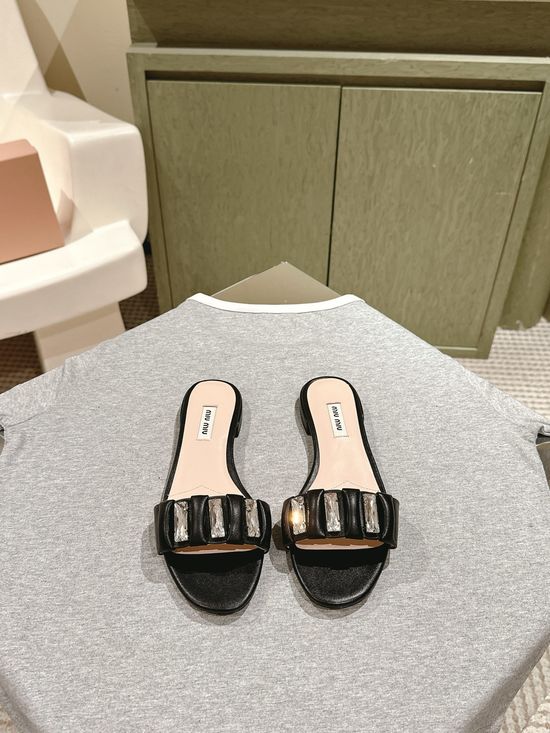 Miu Miu Rhinestone Embroidered Genuine Leather Slippers