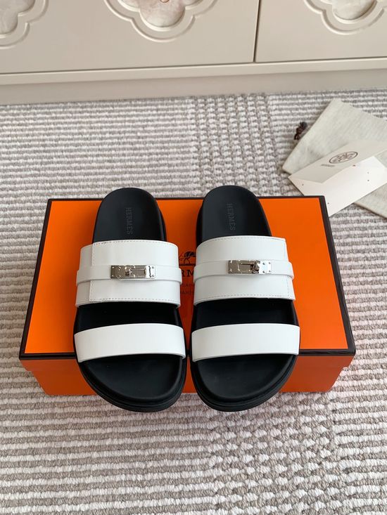 Hermes Genuine Leather Buckle Decor Comfort Casual Slides