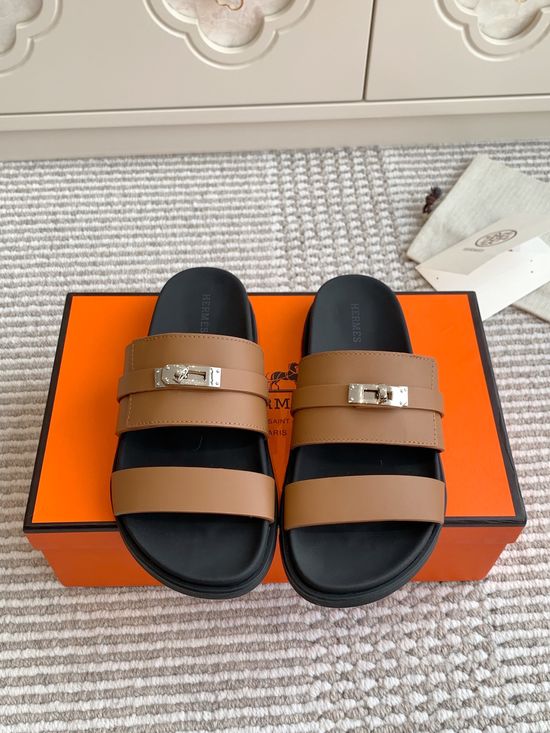 Hermes Genuine Leather Buckle Decor Comfort Casual Slides