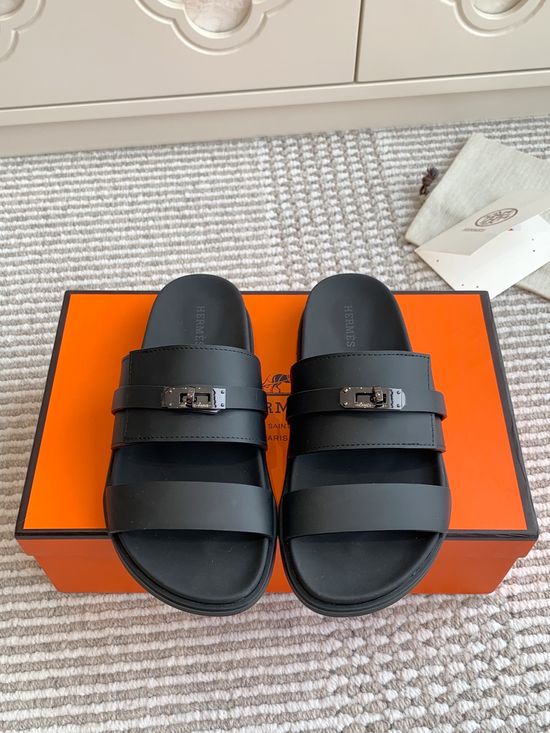 Hermes Genuine Leather Buckle Decor Comfort Casual Slides