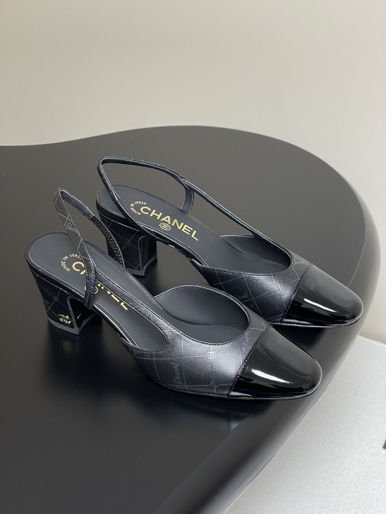 Chanel Epoxy Leather Slingback Sandals Square Toe Elegant Casual Shoes