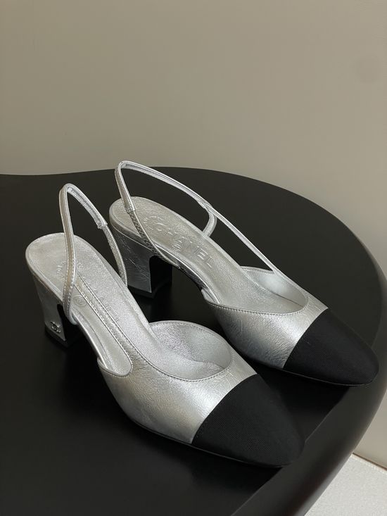 Chanel Metallic Slingback Sandals Classic Two Tone Leather Sole