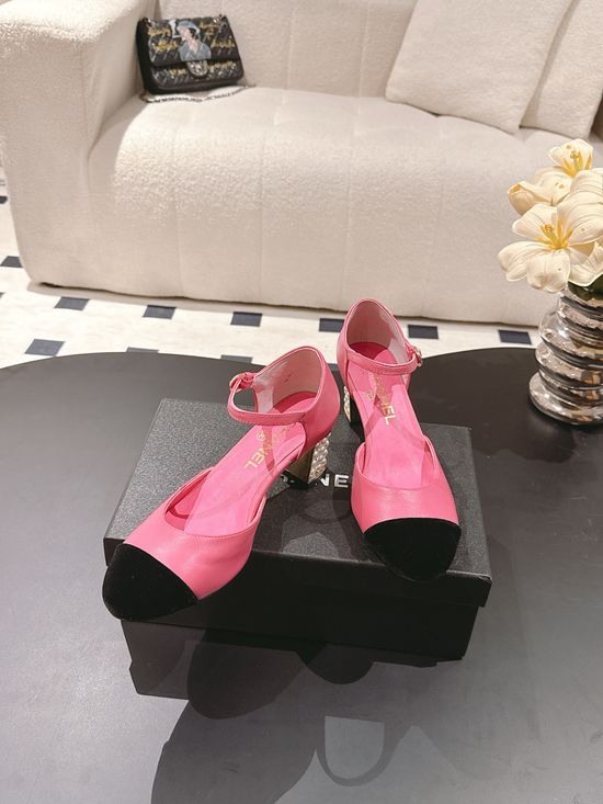 Chanel Elegant Pearl Heel Mary Jane Leather Shoes