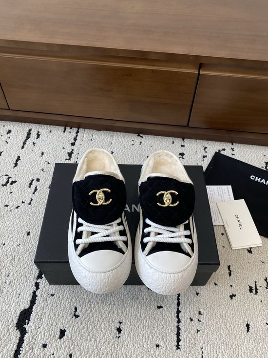 Chanel Warm Shearling Lined Buckle Slip On Slippers